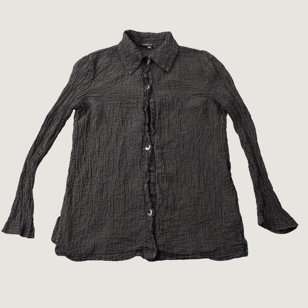 Cynthia Max Shirt Crinkle Textured XS Black Button Down Long Sleeve Minimalist